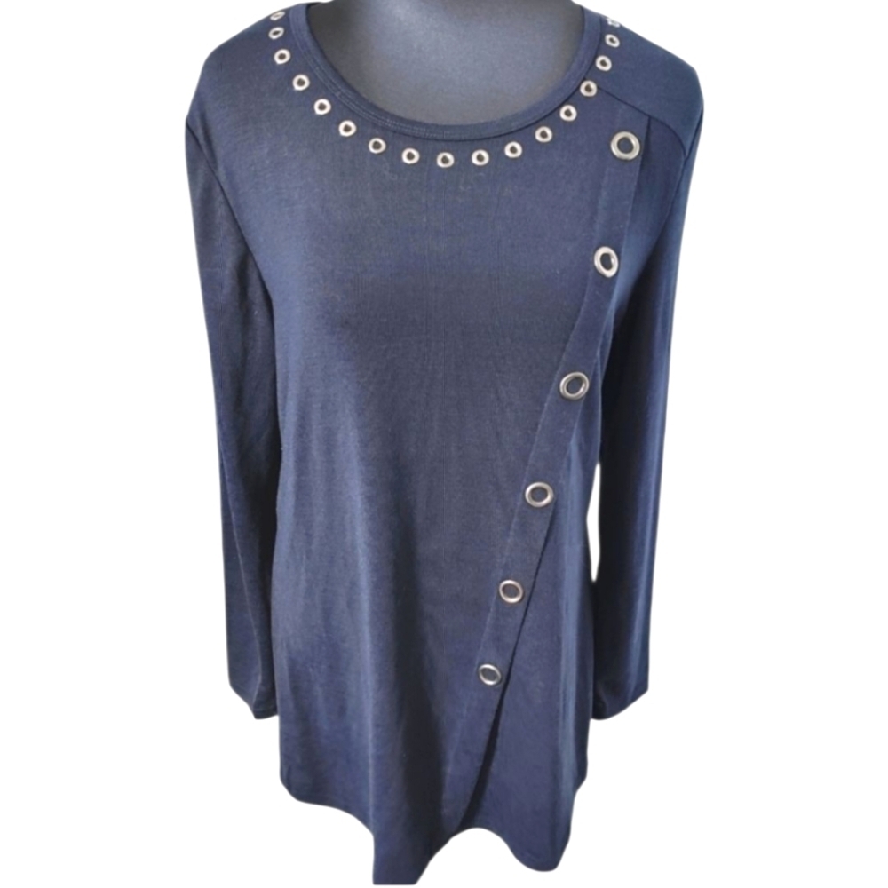 DOMANI Cotton Blend Round Neck Long Sleeve Blue Tunic Top Size XL NWT